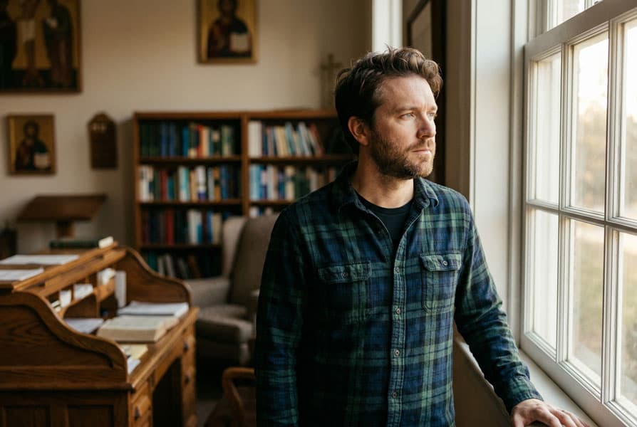 Pastor looking out a window, reflecting on multiplication